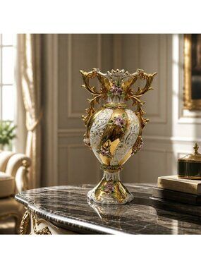 Vintage Ornate Porcelain Vase With Gold Detailing & Floral Accents